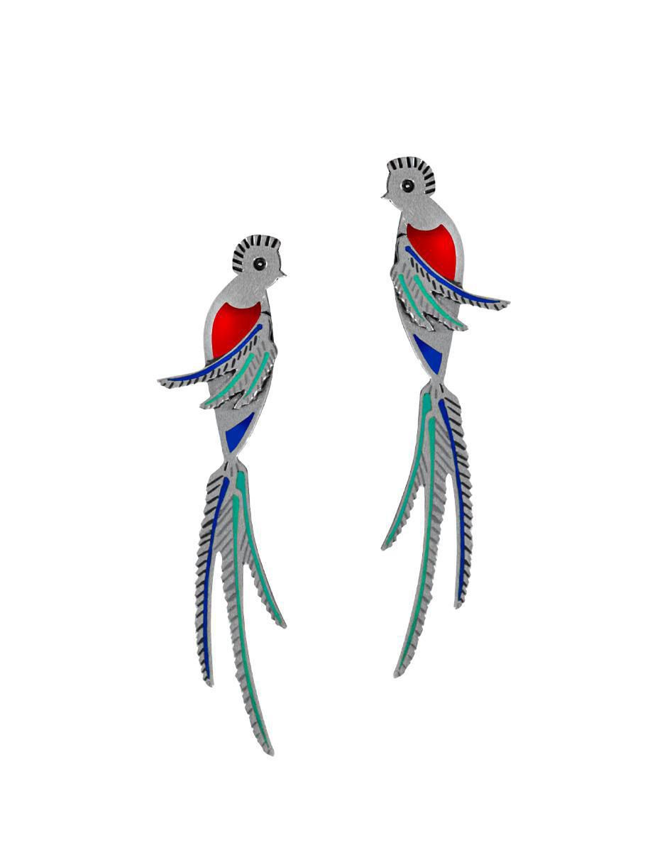 Aretes largos de pájaro Enrique Garcia de plata P925 con acabado brillante
