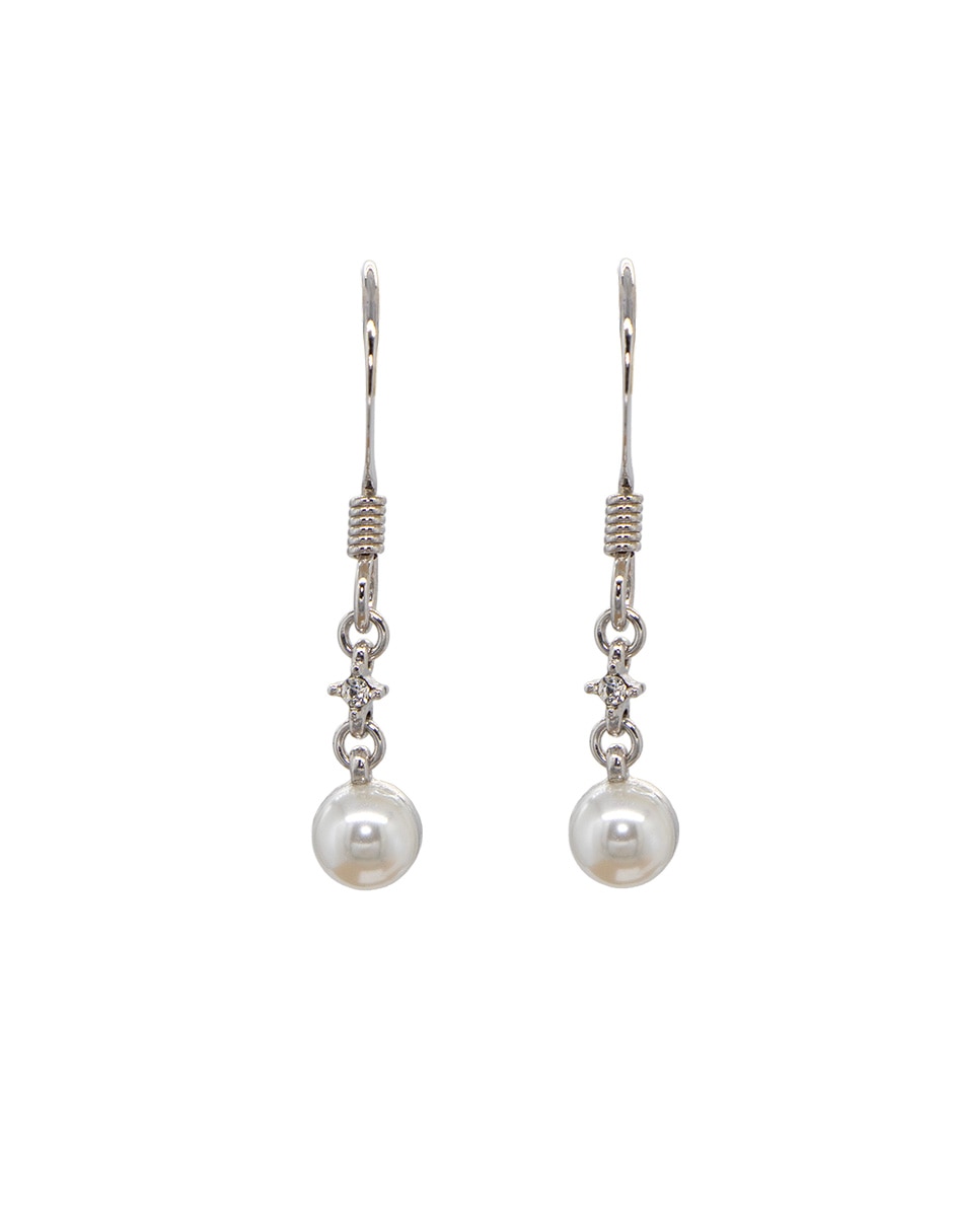Aretes largos con acabado baño rodio perla
