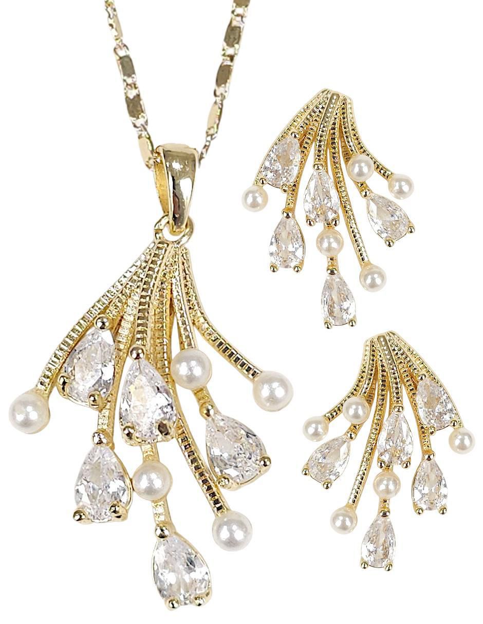 Aretes y collar 18 K perla de cristal
