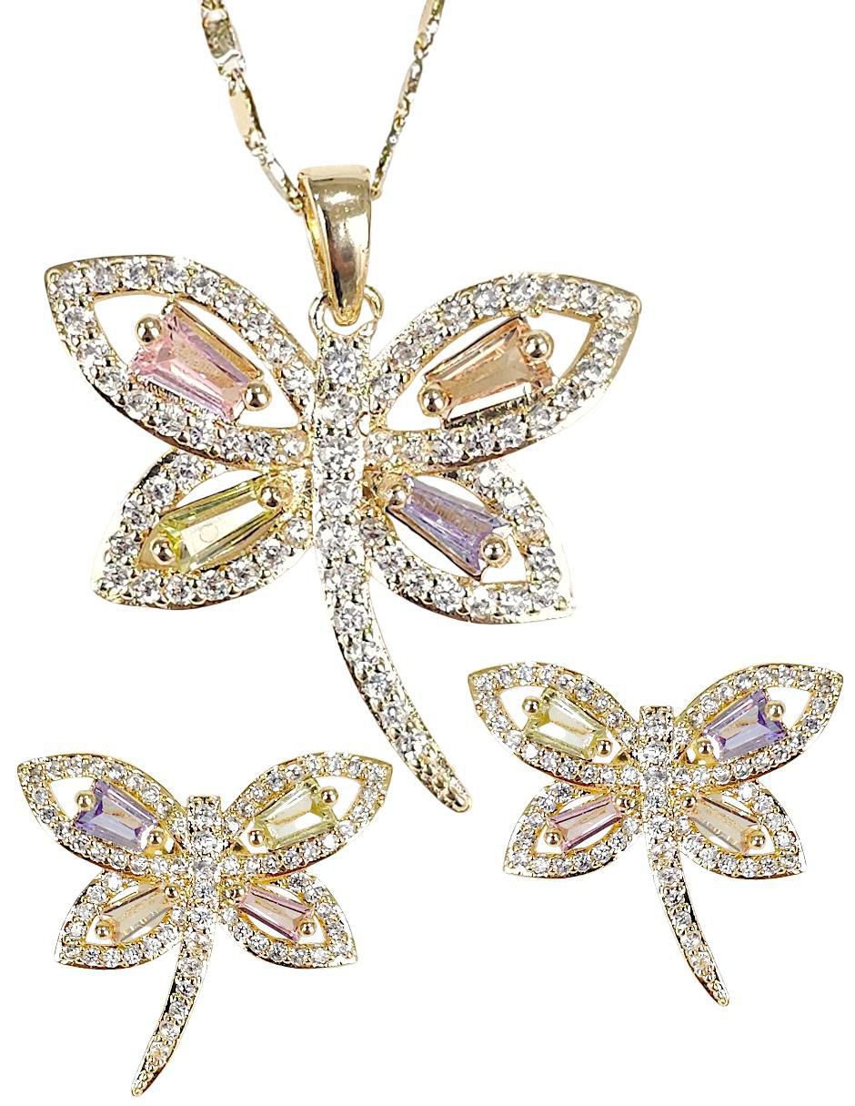Aretes y collar de libélula 18 K zirconia