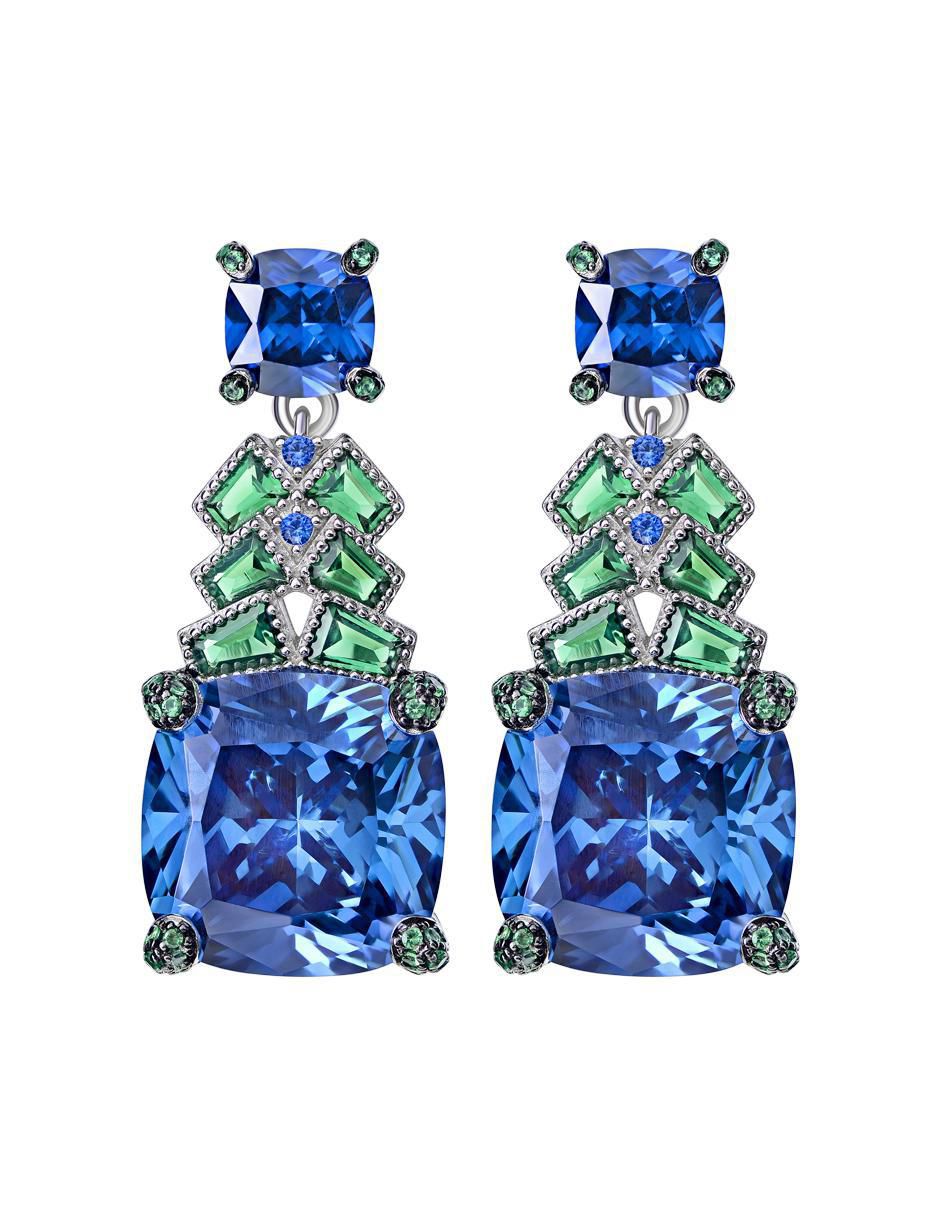Aretes largos cuadrados de plata P 925 con acabado brillante zafiro