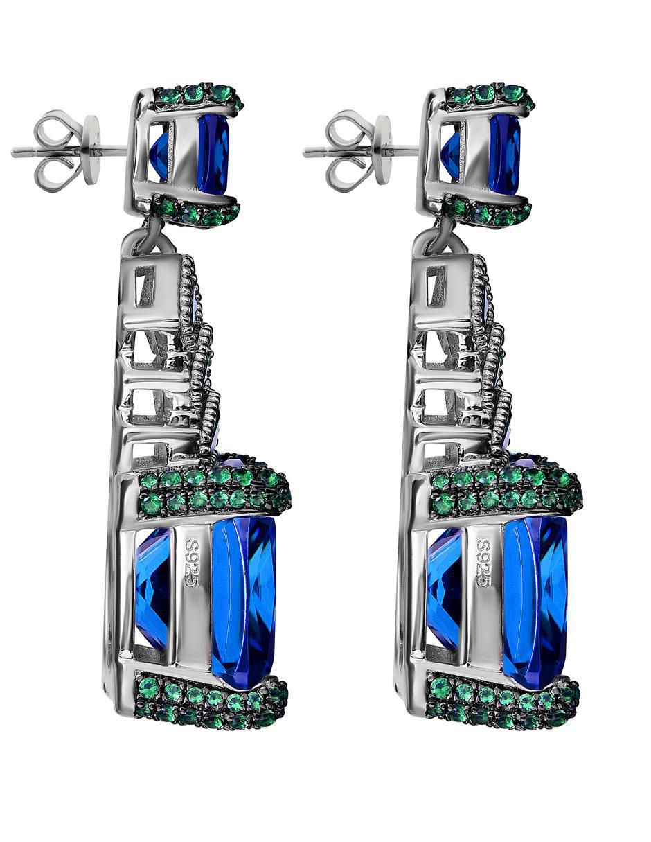 Aretes largos cuadrados de plata P 925 con acabado brillante zafiro 3