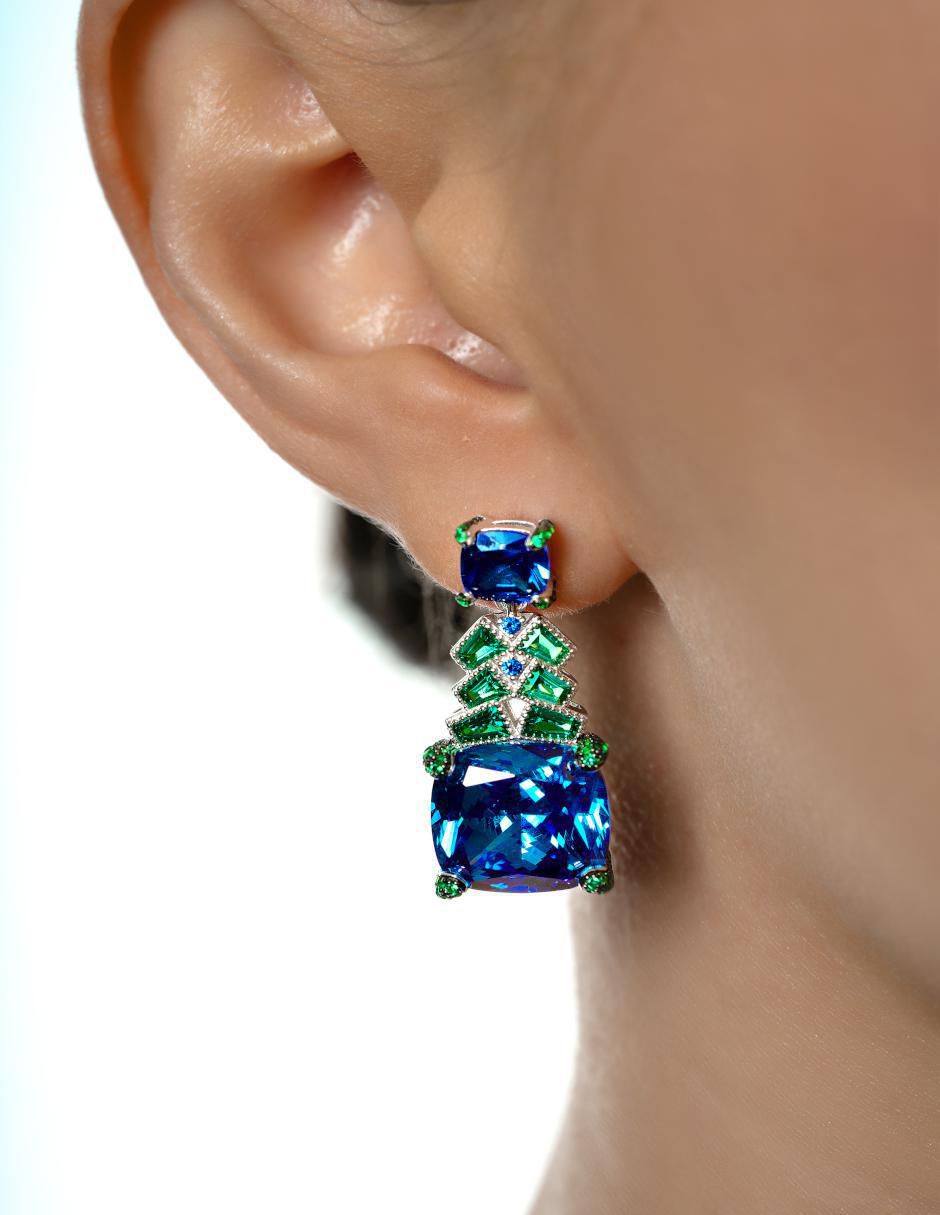 Aretes largos cuadrados de plata P 925 con acabado brillante zafiro 4