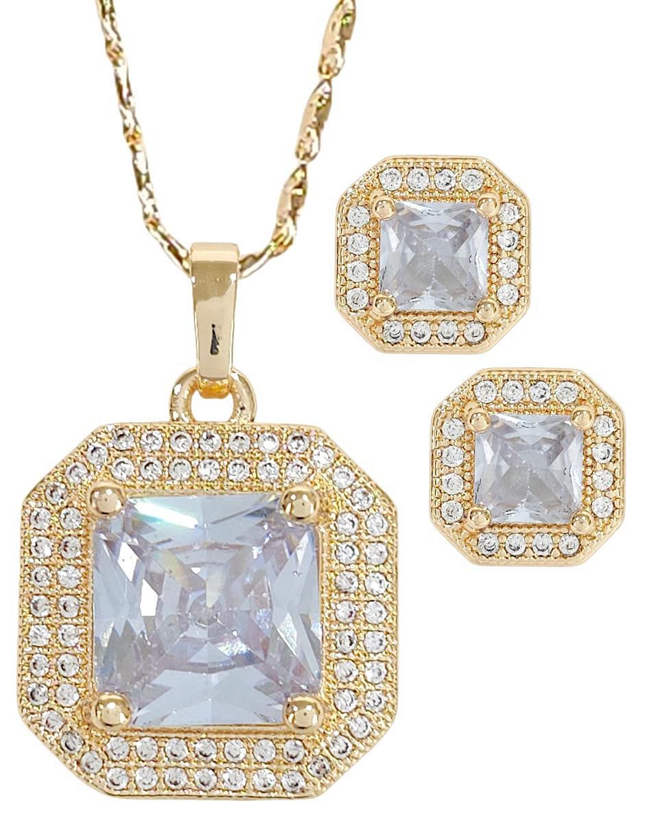 Aretes y collar hexagonales baño de oro 18 K zirconia