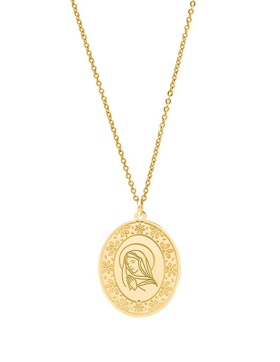 Collar con dije virgen María ovalado Nube de plata P 925 y 14 K