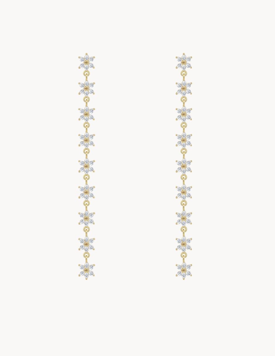 Aretes largos flor Olivia Wilde 18 k con acabado baño de oro circonita Aretes largos flor Olivia Wilde 18 k con acabado baño de oro circonita