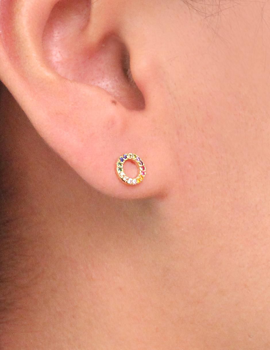 Aretes cortos circulares de plata P 925 con acabado chapa de oro circonita 3