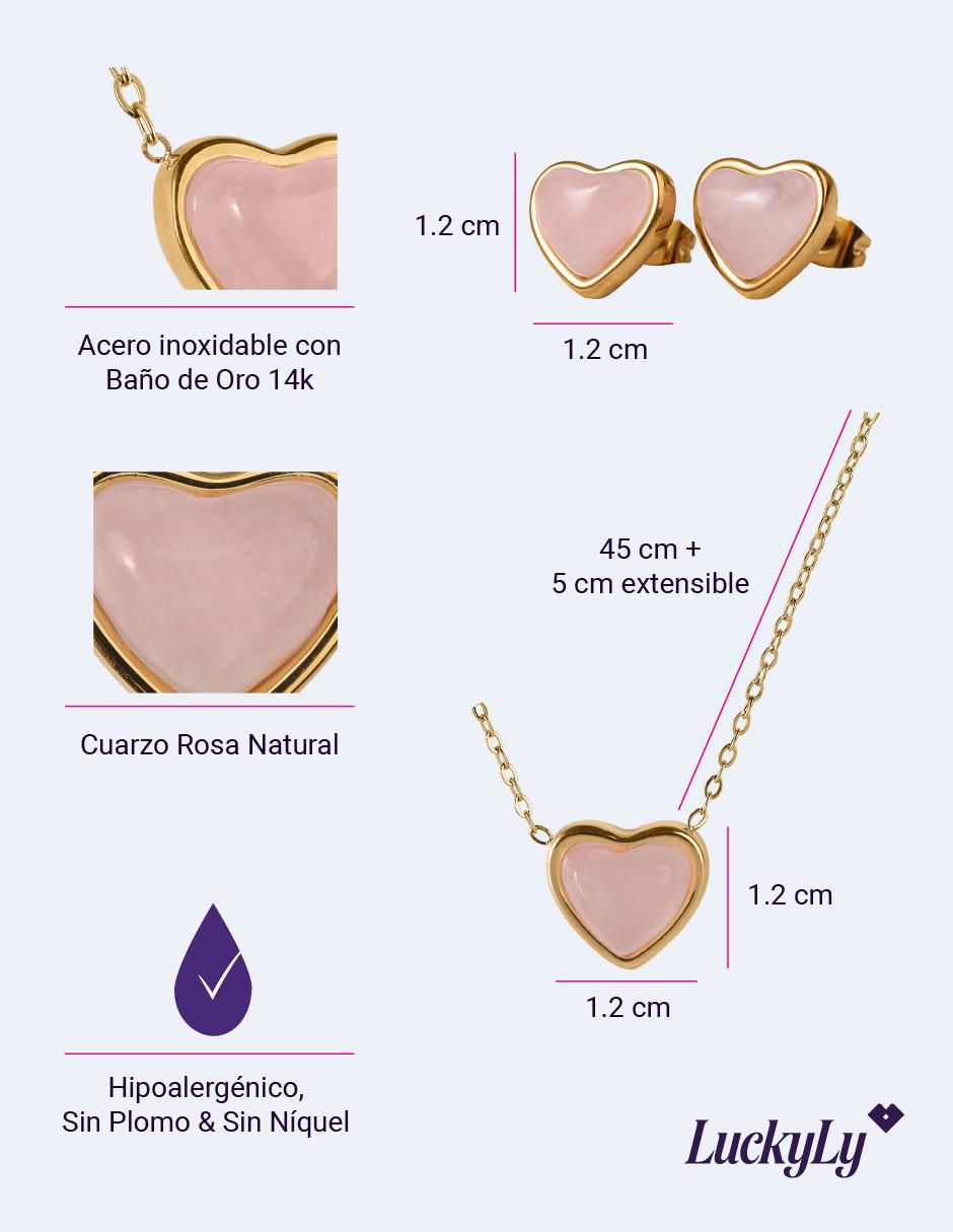 Aretes y collar de corazón nadia de baño de oro 14 k cuarzo 9