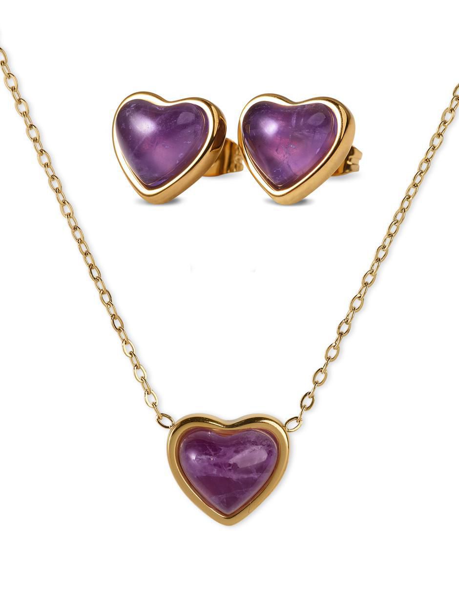 Aretes y collar de corazón nadia de baño de oro 14 k cuarzo