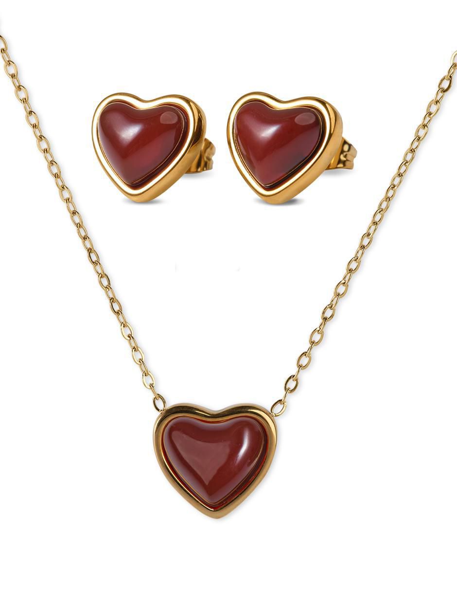 Aretes y collar de corazón nadia de baño de oro 14 k cuarzo