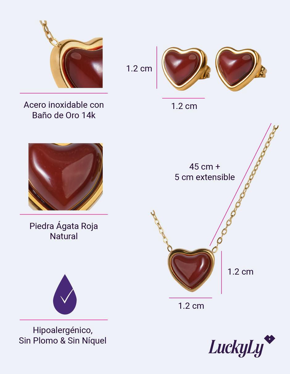 Aretes y collar de corazón luckyly nadia de baño de oro 14 k cuarzo