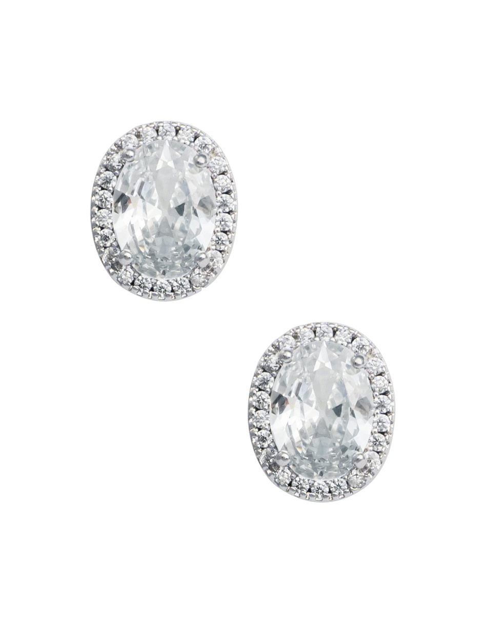 Aretes cortos ovalados con acabado baño rodio zirconia