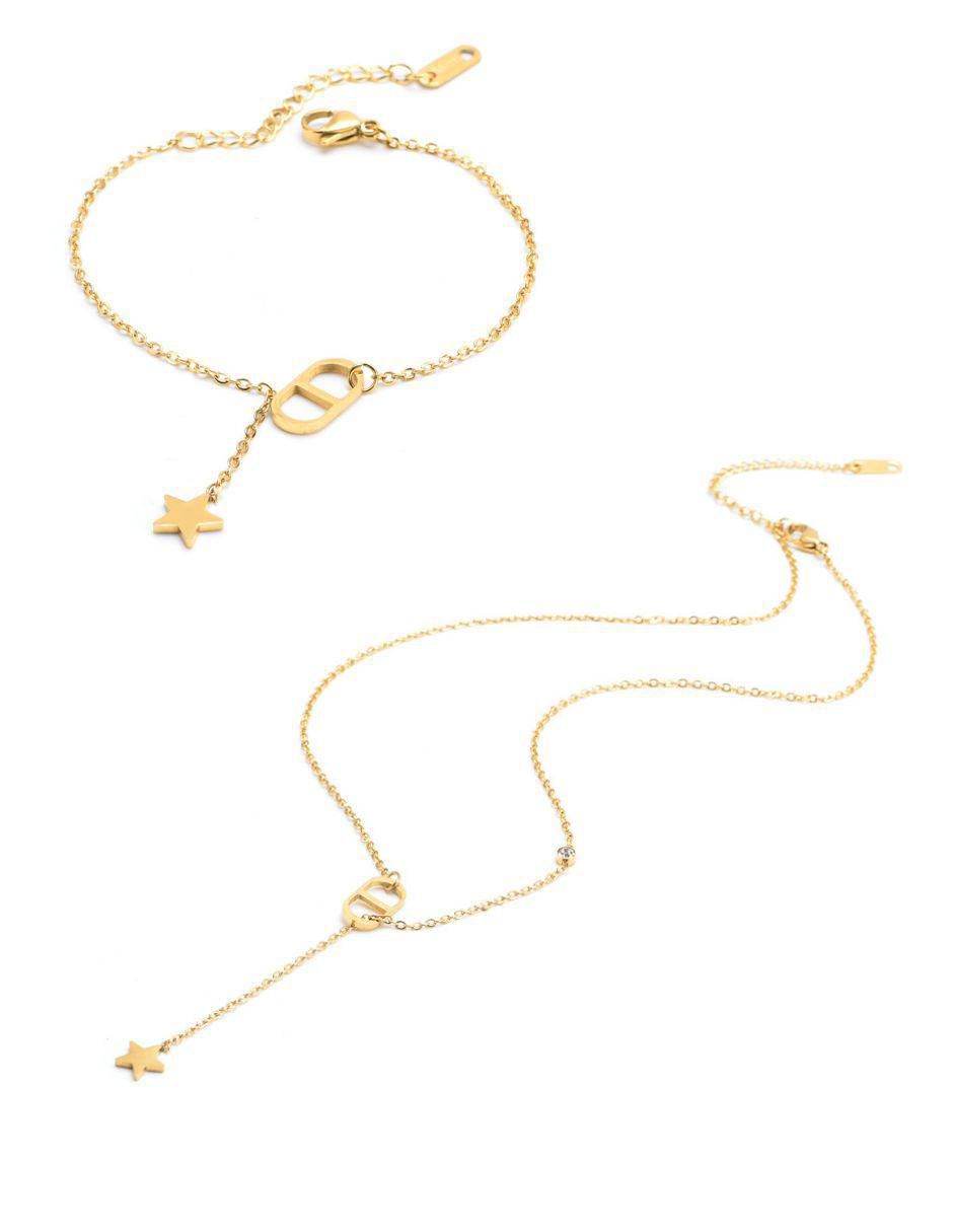 Collar y pulsera de estrella de oro laminado 10 K zirconia