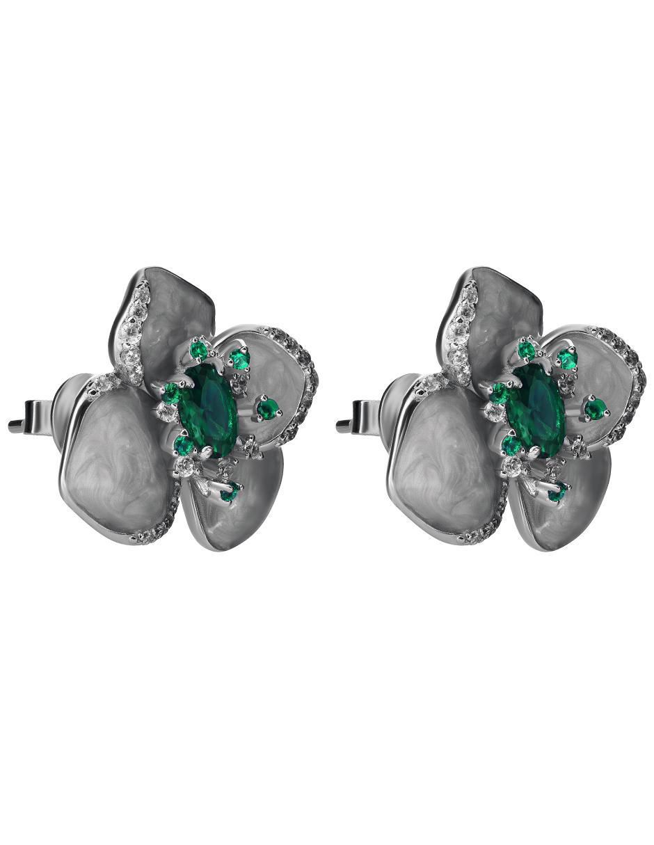 Aretes cortos de flor de plata P 925 con acabado brillante esmeralda 5