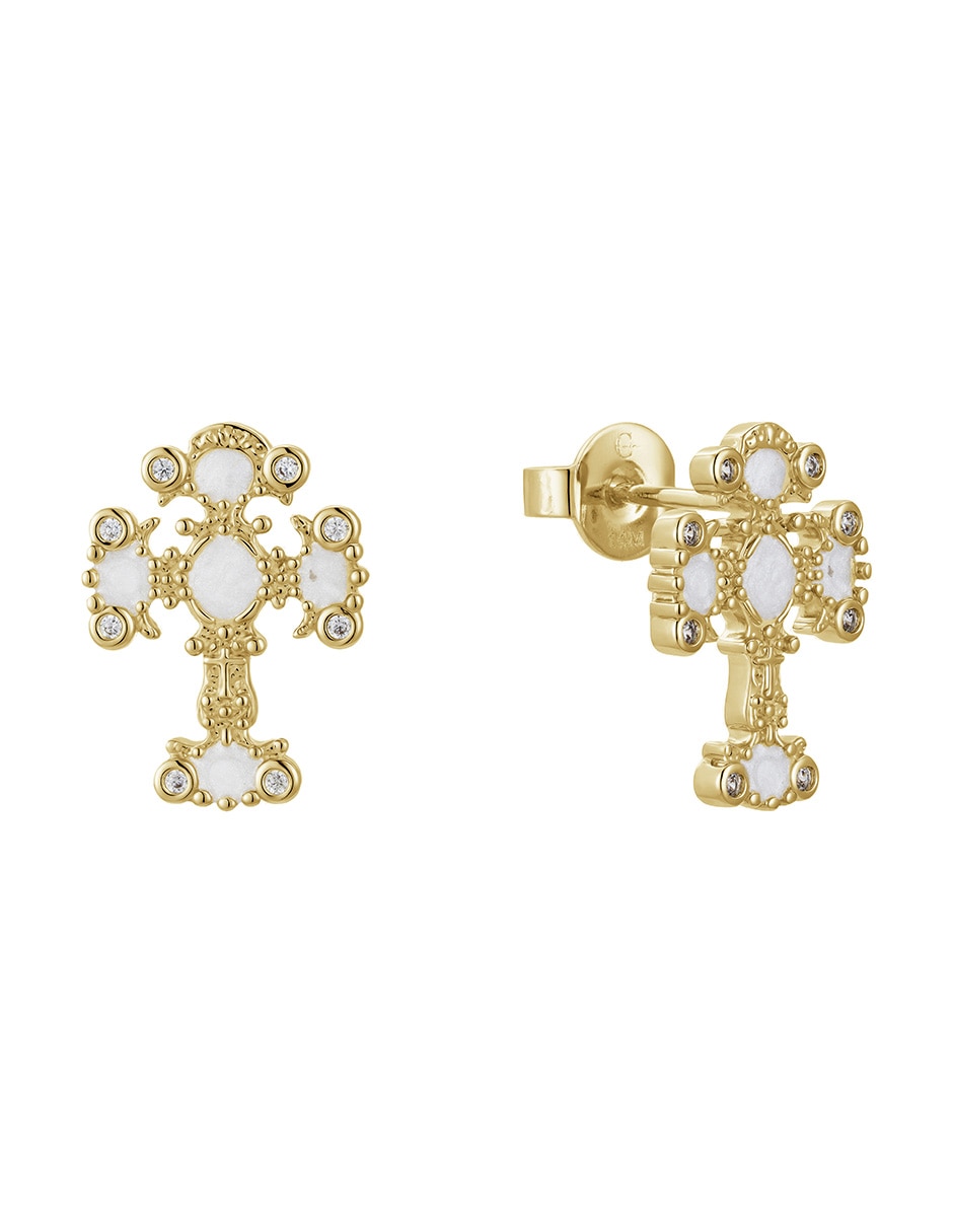 Aretes cortos de cruz con acabado baño de oro 14 K zirconia