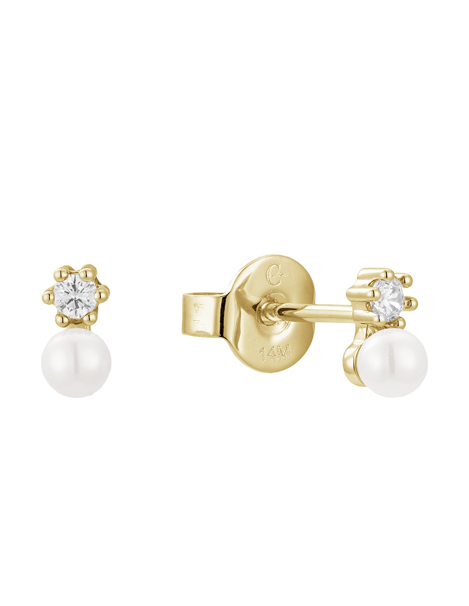 Broqueles Golden Perlas con acabado baño de oro 14 k perla con zirconia