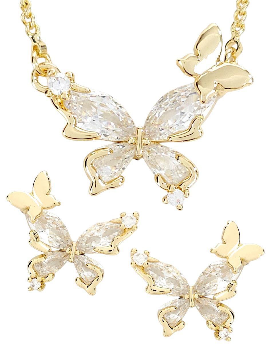 Aretes y collar de mariposa baño de oro 18 k zirconia Aretes y collar de mariposa baño de oro 18 k zirconia