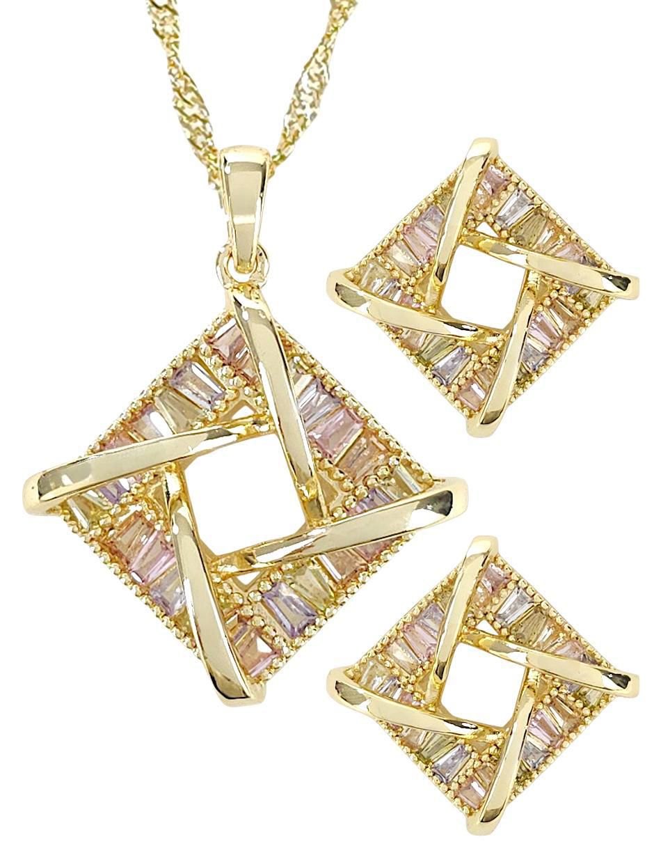 Aretes y collar de rombo de oro laminado 18 K zirconia