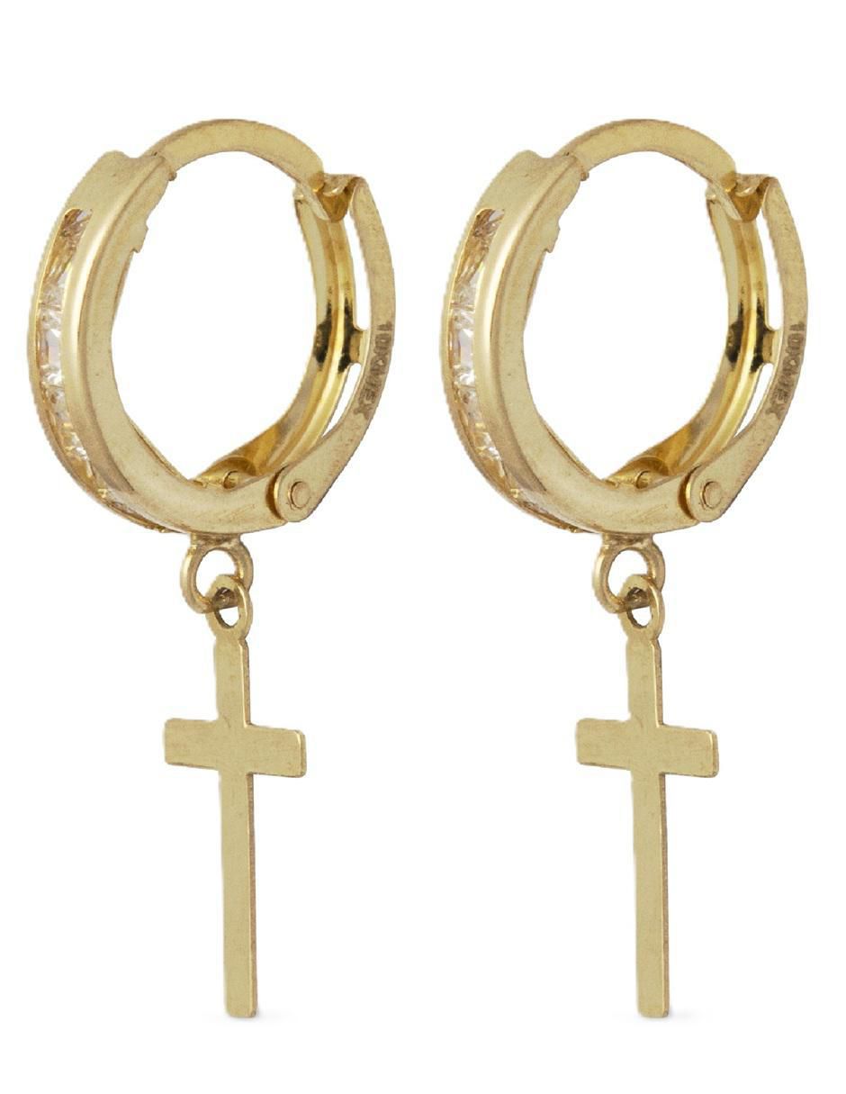 Aretes huggies de cruz de oro 10 k con acabado pulido zirconia Aretes huggies de cruz de oro 10 k con acabado pulido zirconia