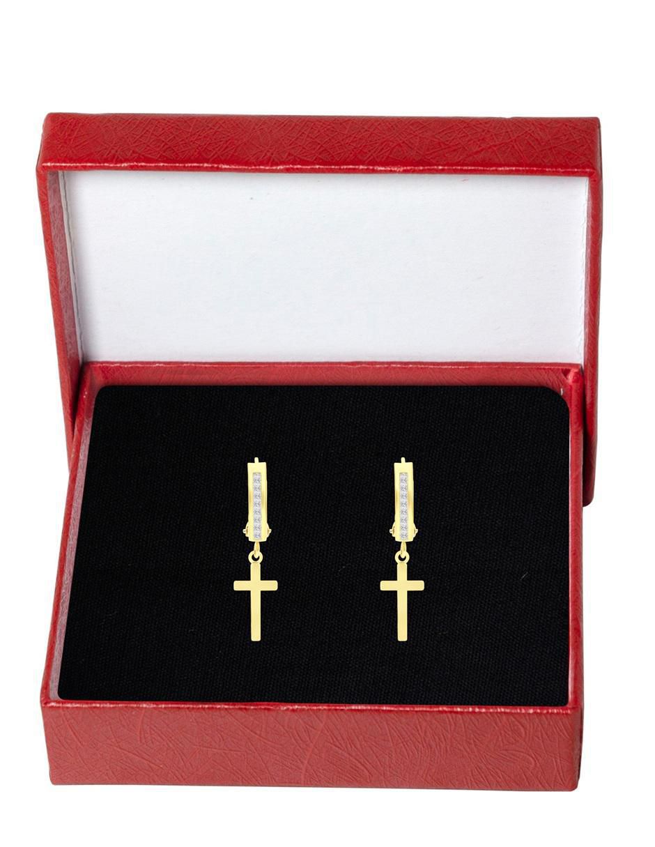 Aretes huggies de cruz de oro 10 k con acabado pulido zirconia 4