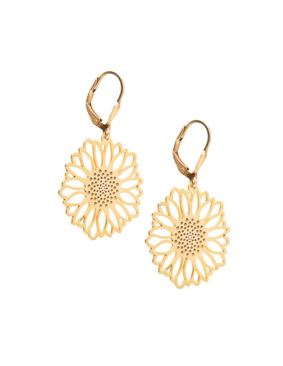 Aretes largos de flor con acabado baño de oro 14 k 2