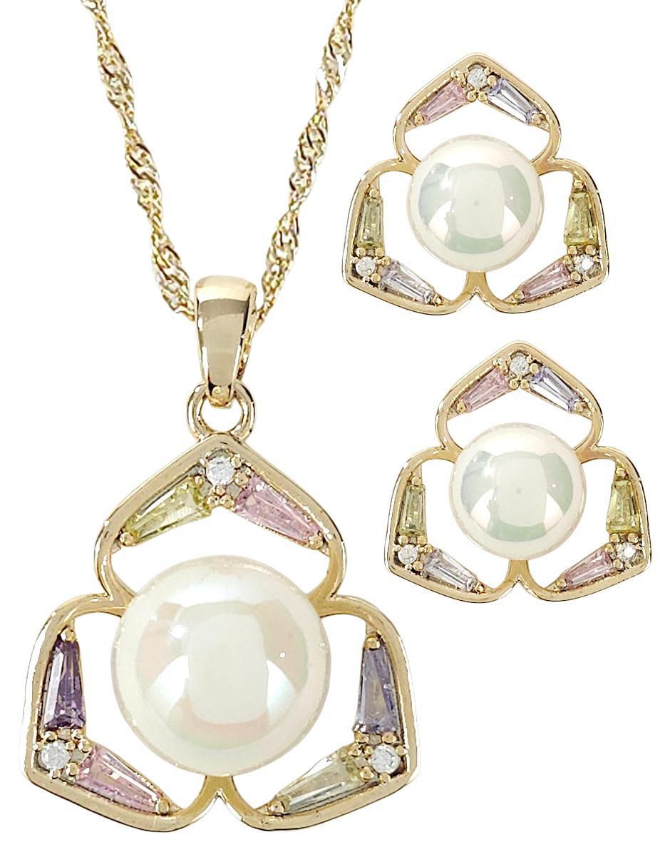 Aretes y collar de oro laminado 18 k perla de cristal Aretes y collar de oro laminado 18 k perla de cristal