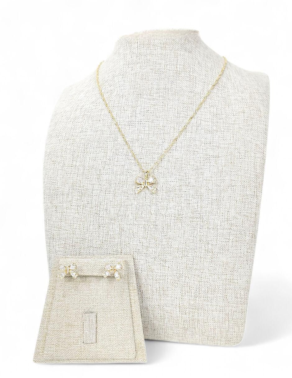 Aretes y collar de moño de oro laminado 18 K zirconia 7