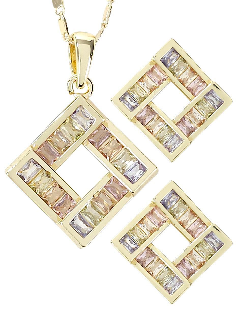 Aretes y collar de rombo de oro laminado 18 K zirconia
