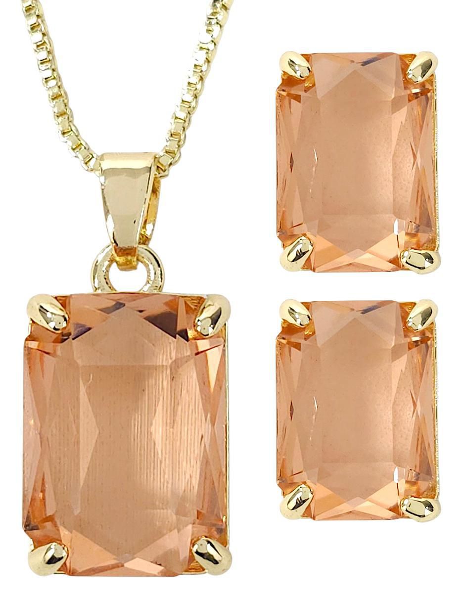 Aretes y collar rectangular de oro laminado 18 K zirconia Aretes y collar rectangular de oro laminado 18 K zirconia
