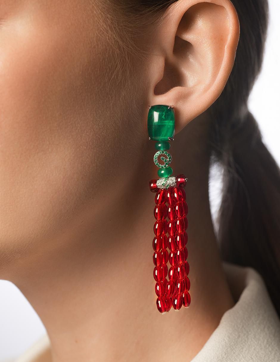 Aretes largos rectangulares de plata P 925 con acabado brillante esmeralda 4