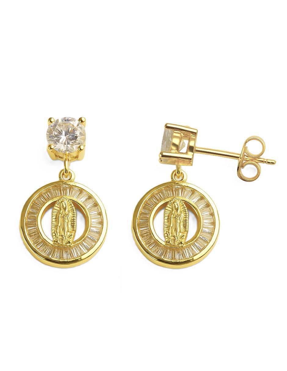 Broqueles redondos Virgen de Guadalupe 18 K con acabado chapa de oro zirconia 2