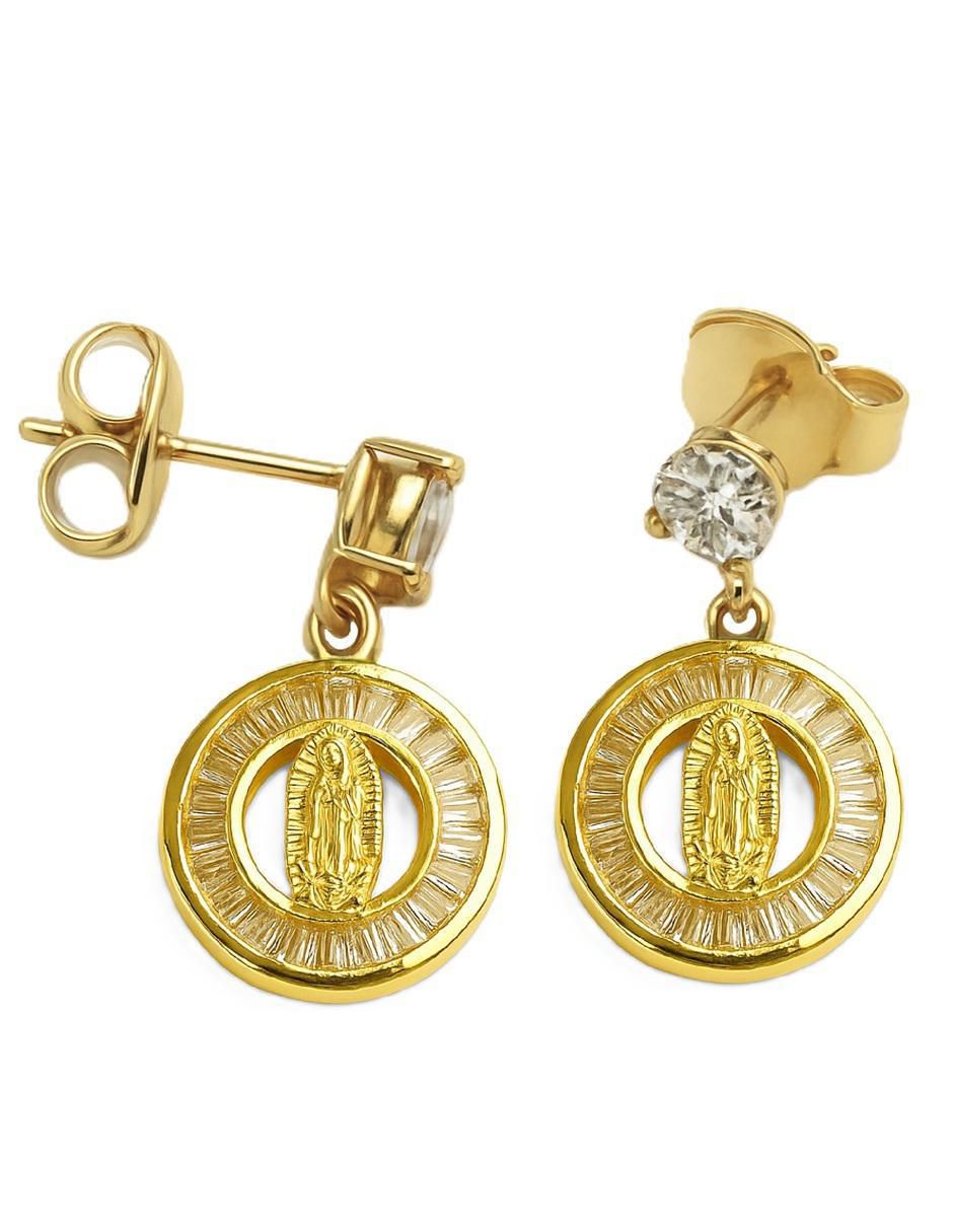 Broqueles redondos Virgen de Guadalupe 18 K con acabado chapa de oro zirconia 3