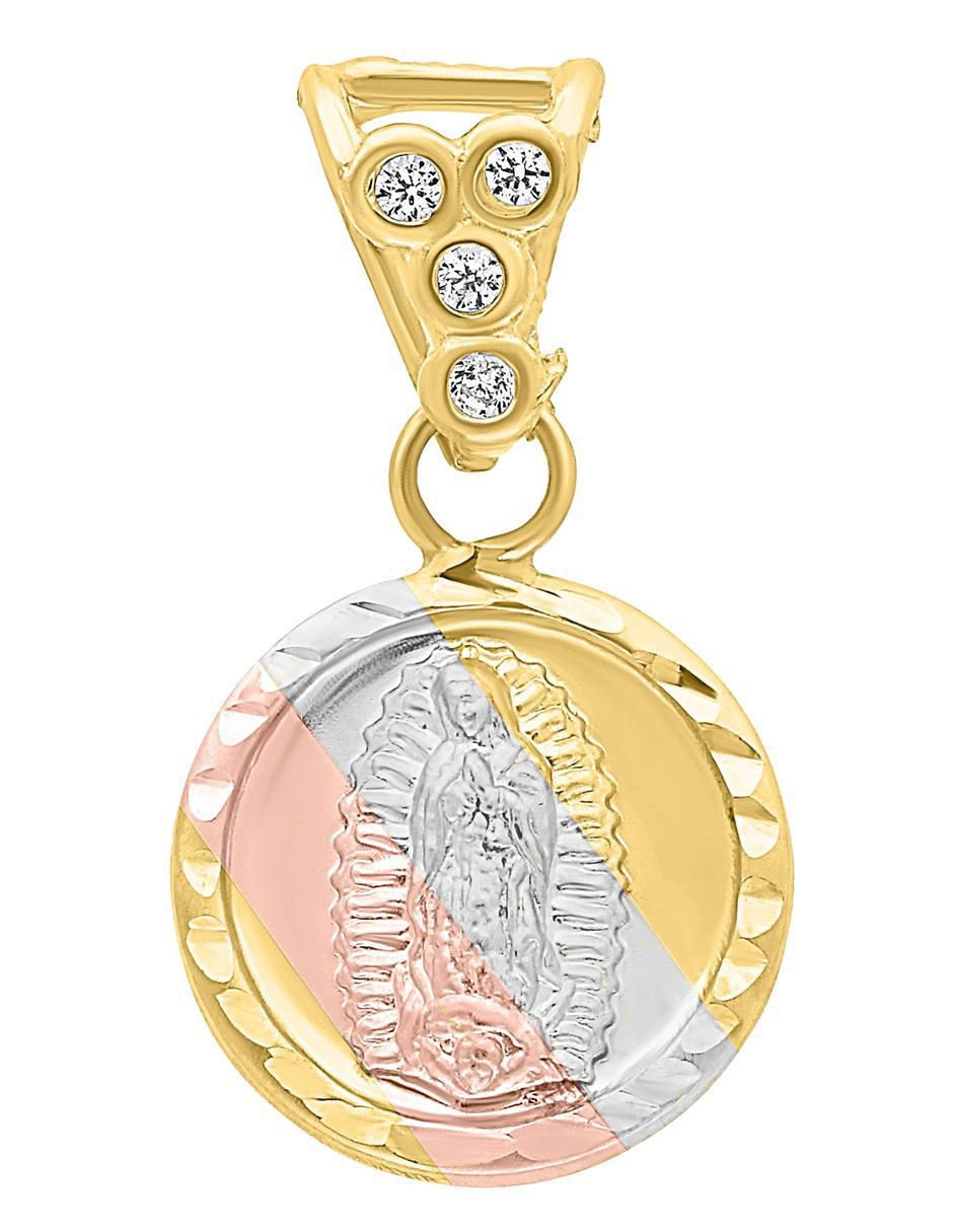 Dije redondo virgen de guadalupe de oro 14 K zirconia