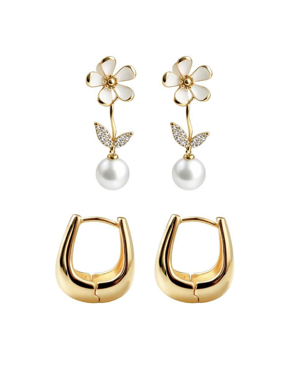 Set de aretes de flor 14 K con acabado chapa de oro perla de cristal 1