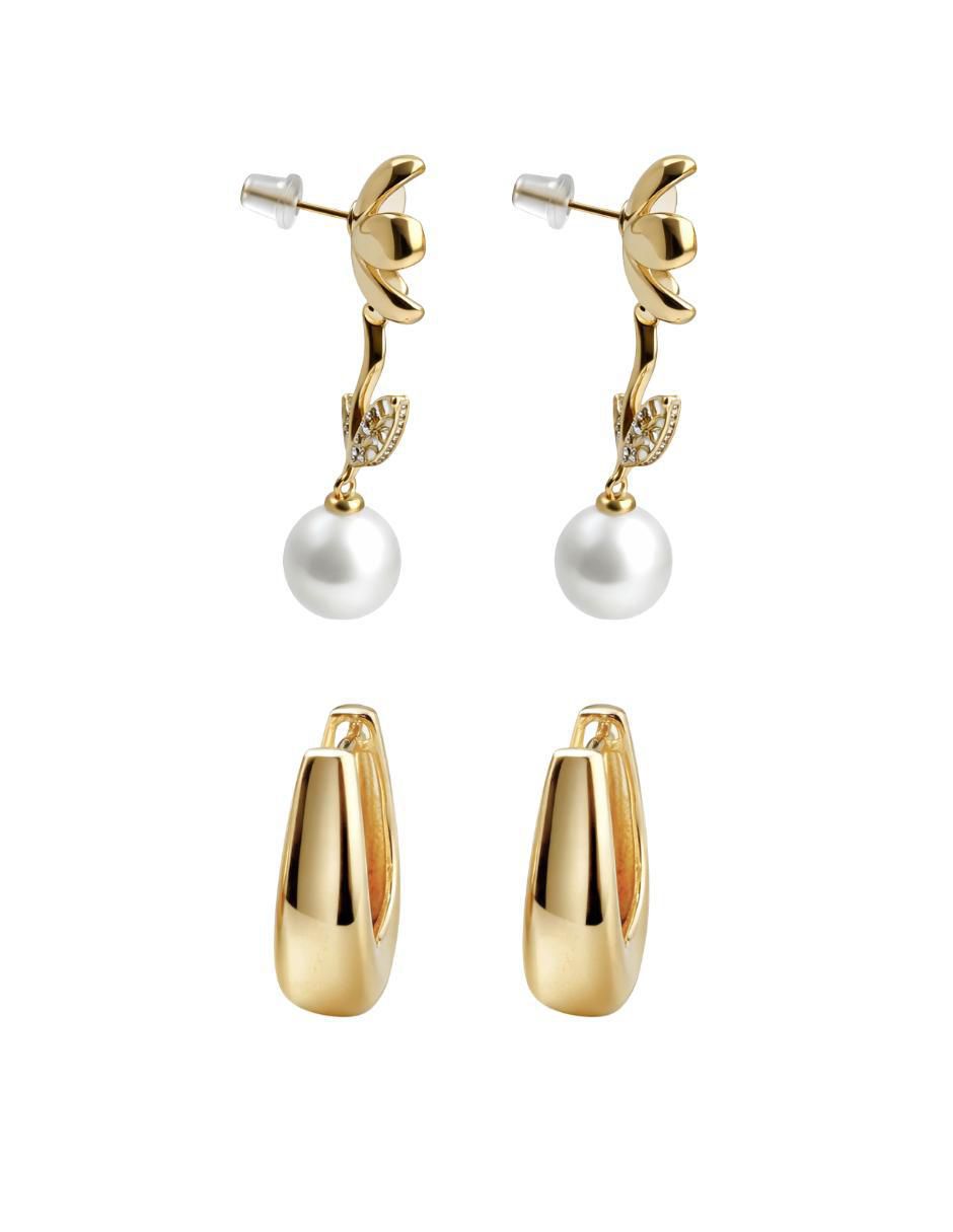 Set de aretes de flor 14 K con acabado chapa de oro perla de cristal 2