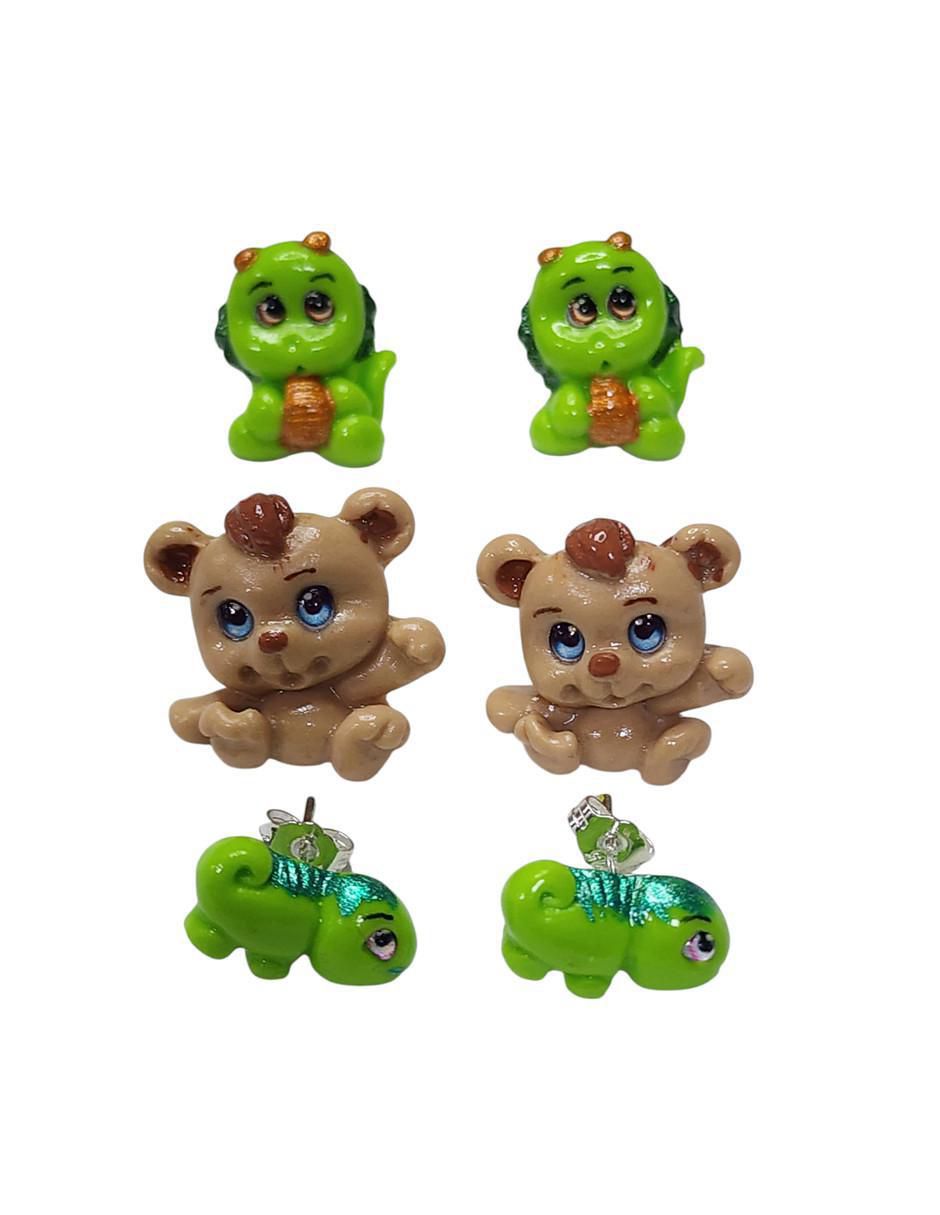 Set de aretes de dragón animalitos de plata P 925 con acabado brillante