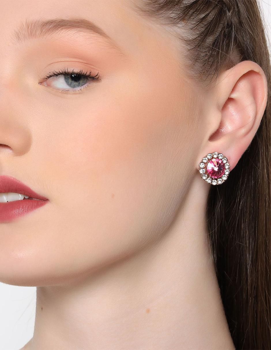Aretes cortos redondos 18 K con acabado baño de oro rosa cristal 3