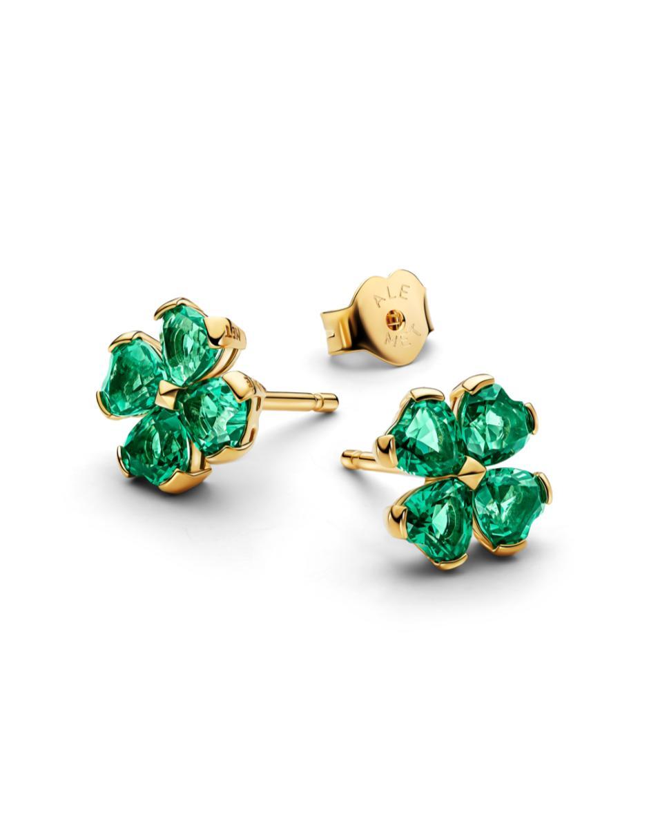 Aretes cortos de trébol Timeless de plata P 925 con acabado baño de oro cristal 3