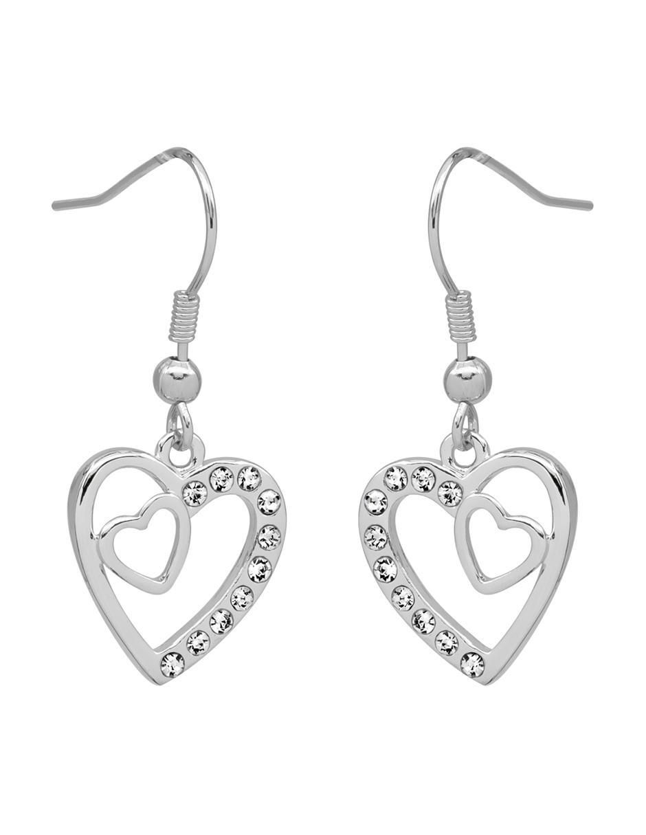 Aretes corto de corazón con acabado baño de oro blanco 18 K cristal