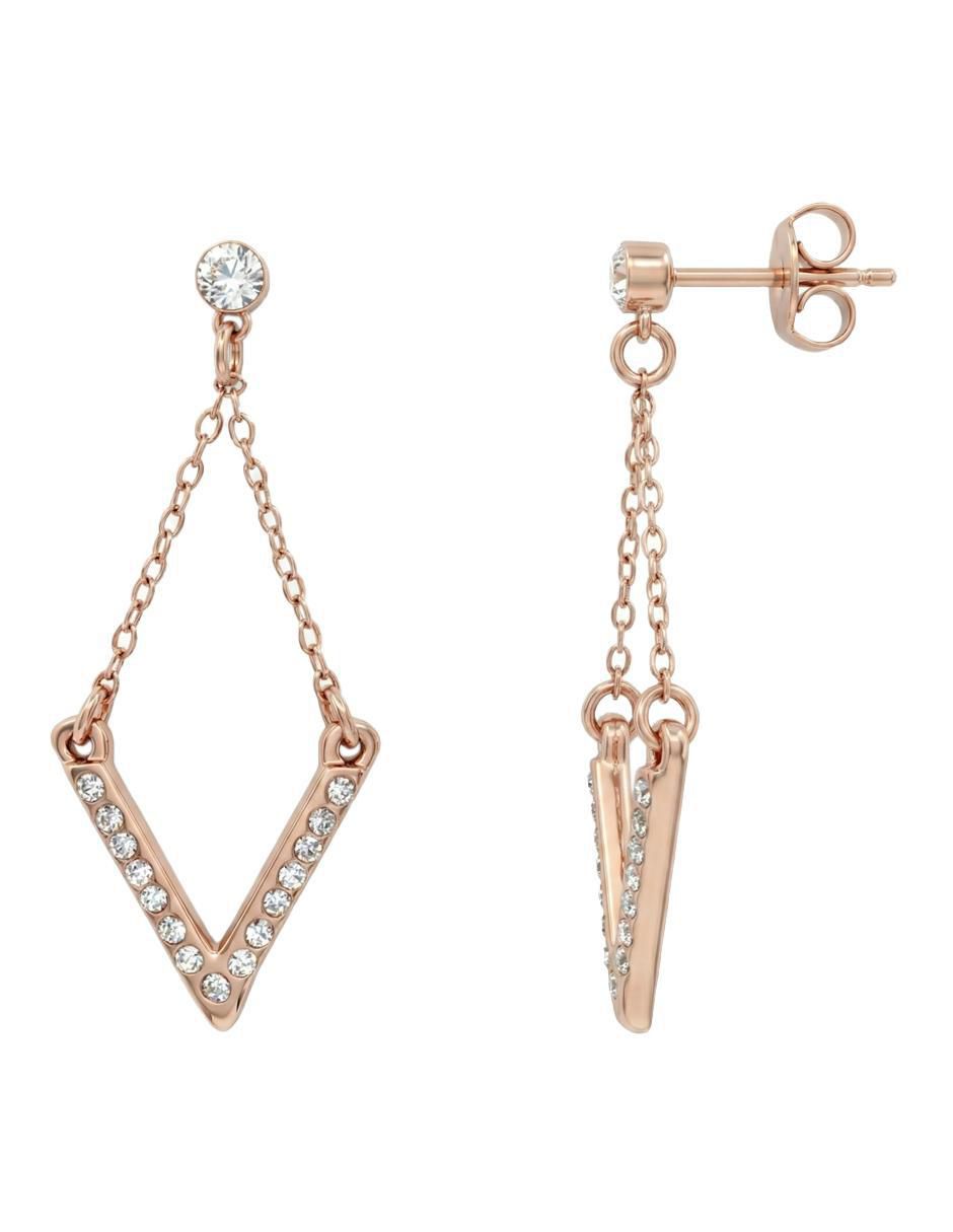 Aretes largos de rombo con acabado baño de oro rosa 18 K cristal 2