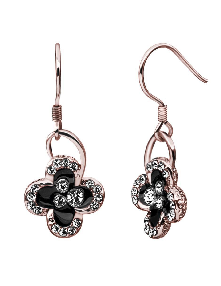 Aretes largos de flor Elegance con acabado baño de oro rosa 18 K cristal Aretes largos de flor Elegance con acabado baño de oro rosa 18 K cristal