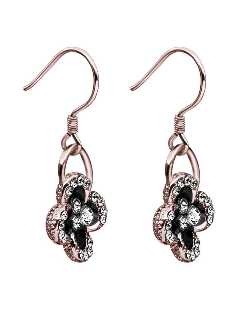 Aretes largos de flor Elegance con acabado baño de oro rosa 18 K cristal 3