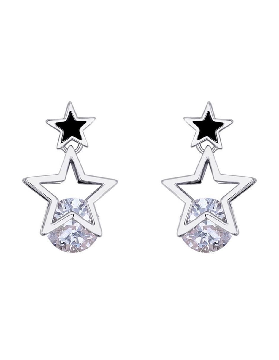 Aretes cortos de estrella con acabado baño de oro blanco 18 K cristal 1