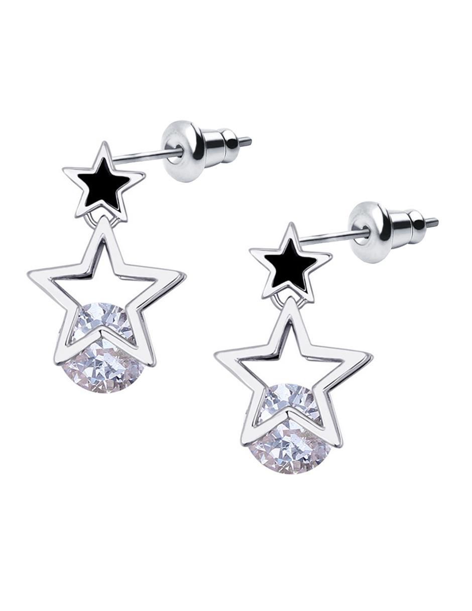 Aretes cortos de estrella con acabado baño de oro blanco 18 K cristal 2