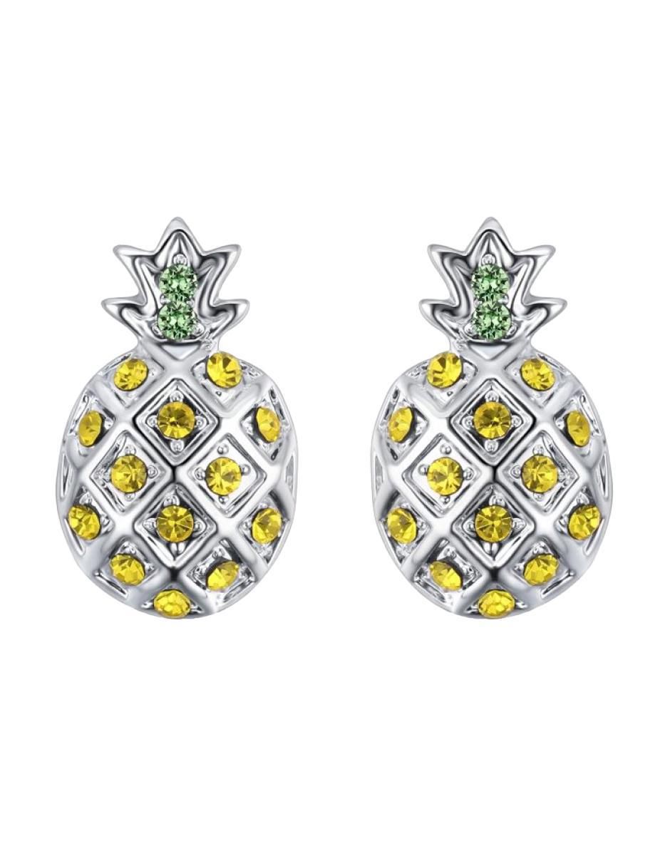 Aretes cortos de piña con acabado baño de oro blanco 18 K cristal