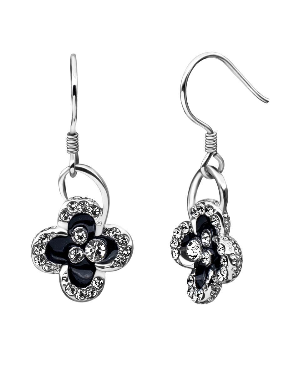 Aretes largos de flor Elgance con acabado baño de oro blanco 18 K cristal Aretes largos de flor Elgance con acabado baño de oro blanco 18 K cristal