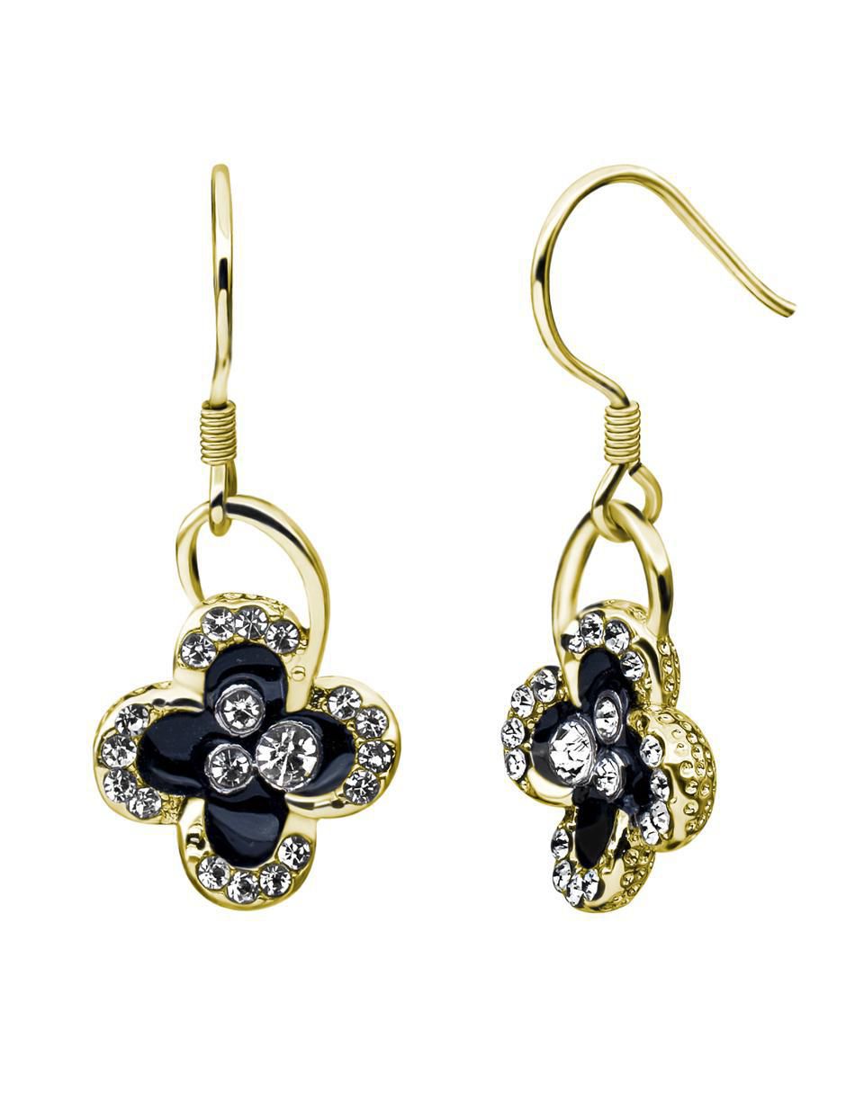 Aretes largos de flor Elegance con acabado baño de oro 18 K cristal