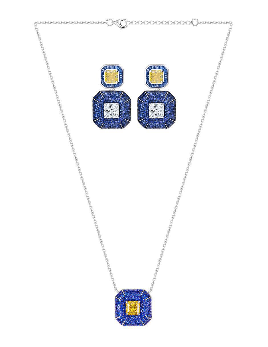 Aretes y collar octagonal de plata P 925 zafiro 1
