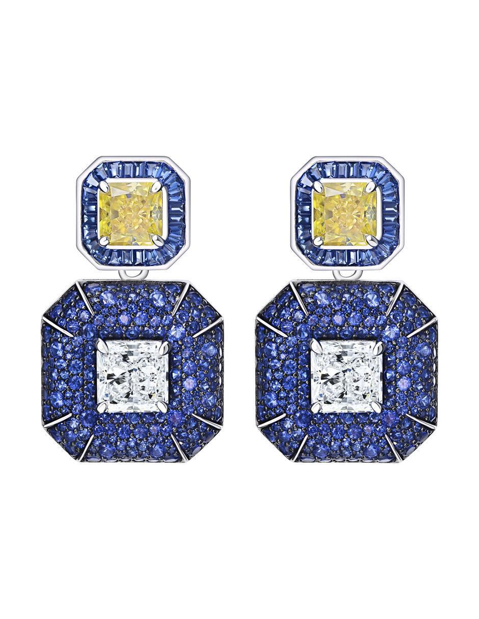 Aretes y collar octagonal de plata P 925 zafiro 2