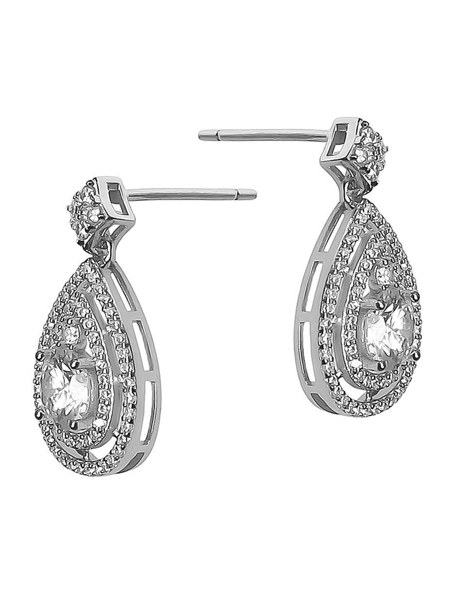 Aretes cortos de gota de plata P 925 con acabado baño de rodio diamante de laboratorio